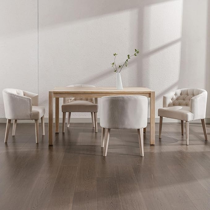 DUOMAY Modern Tufted Dining Chairs Set of 6, Linen Upholstered Side Chair, Comfy Accent Barrel Chair with Wood Legs for Home Kitchen Dining Room Living Room Restaurant, White