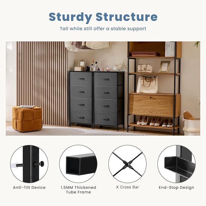 DUMOS Nightstand with 4 Drawers Bedside Table with Removable Fabric Bins Sturdy Steel Frame Wood Top Organizer Furniture for Bedroom Closet Living Room