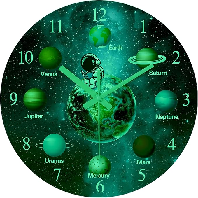 Silent Wall Clock Non Ticking 14 Inch Decorative Wall Clocks Battery Operated Blue Glow in The Dark Clock for Teen Bedroom