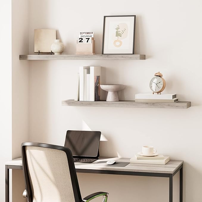 HOOBRO Floating Shelves for Wall, Wall Mounted Shelf Set of 2, 39.4" Hanging Shelf with Invisible Brackets, for Wall in Bathroom, Bedroom, Toilet, Kitchen, Living Room, Office, Greige BG100BJP201