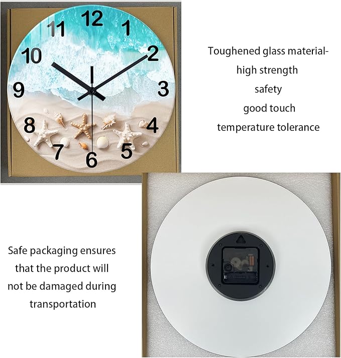 XNM 20 Inch Glass Large Wall Clocks for Living Room Decor Battery Powered Blue Beach Clock Analog Non Ticking Wall Clock Silent