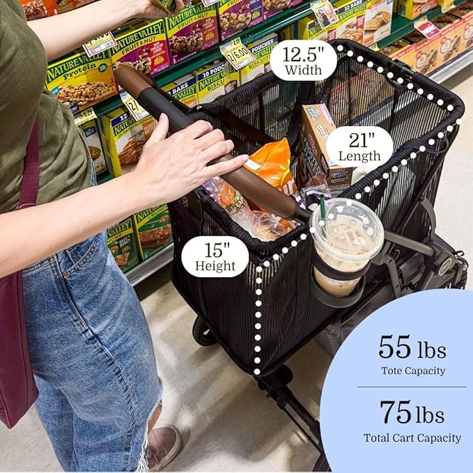 Strolee Personal Luxury Folding Shopping Cart On Premium Wheels – Ultra Lightweight Aluminum Frame – Removable Shopping Bag with Carry Strap & Lower Grocery Storage 75Lbs Capacity (Sage v2)