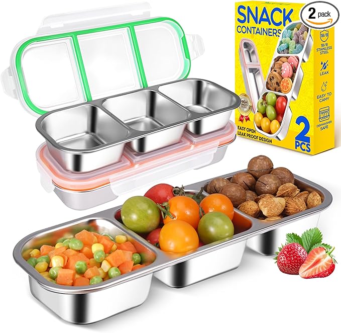 2Pack Stainless Steel Snack Containers for Kids Adults, Reusable 3 Compartment Snackle Box Container with Leakproof Lids Metal Bento Lunch Food Snack Boxs for Travel Picnics Camping Office School
