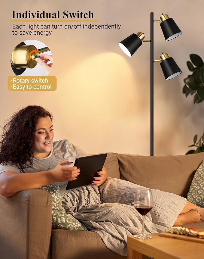QiMH Tree Floor Lamps for Living Room, 67" Modern Standing Floor Lamp with 3 LED Bulb, Industrial Tall Lamp Reading Lighting for Bedroom Study Office Decor, 3 Rotatable Light Heads, Black Gold