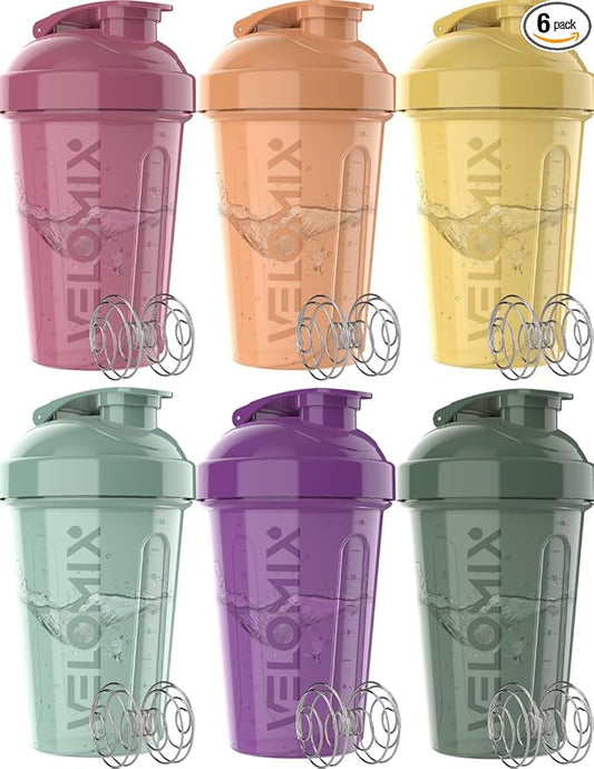 VELOMIX -6 PACK- 20 OZ Protein Shaker Bottles for Protein Mixes, Shaker Cups for Protein Shakes, Small Shaker Bottle Pack, Shaker Cup, Shakers for protein Shakes (Nature Tones - 6 Pack)
