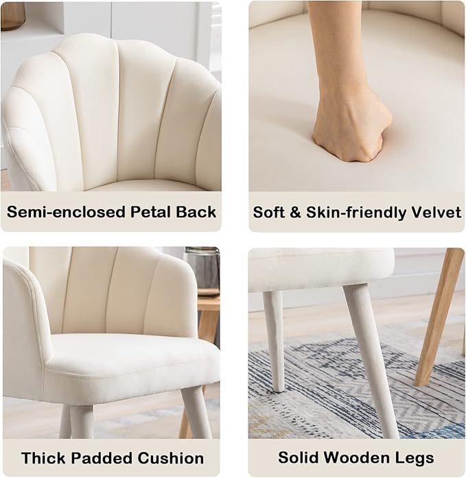 Velvet Dining Chairs Set of 2 Modern Living Room Chairs with Petal Back & Wood Legs Comfy Upholstered Side Chair for Dining Room/Bedroom/Vanity, Cream
