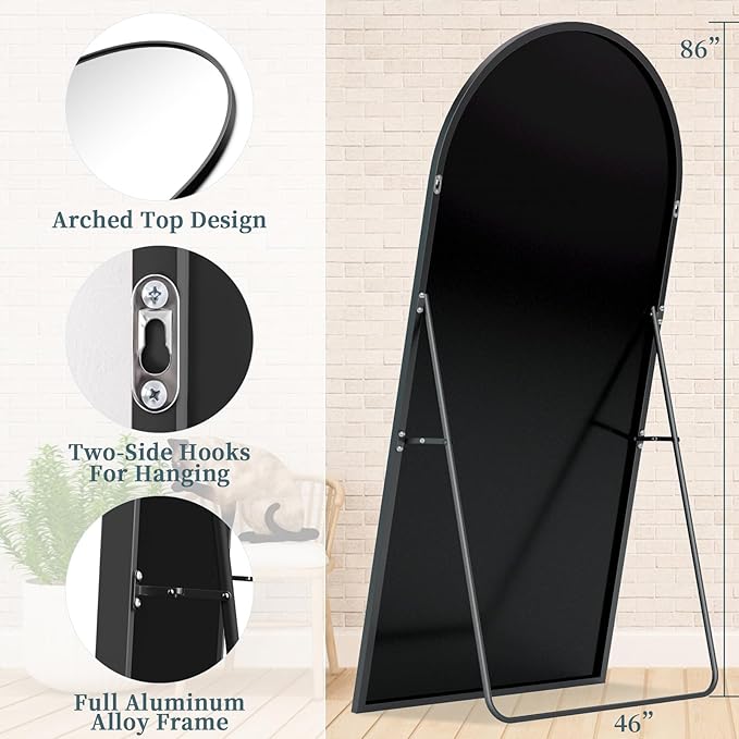 Full Length Mirror, 86"x46" Oversized Floor Mirror with Stand, Hanging or Leaning Full Body Mirrors Mirror for Bedroom, Living Room, Cloakroom, Arch, Black