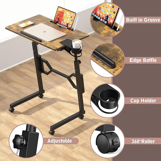Small Standing Desk with Wheels, Portable Treadmill Desk, Rolling Desk Adjustable Height for Laptop, Mobile Standing Table for Walking Pad, Bedside Table