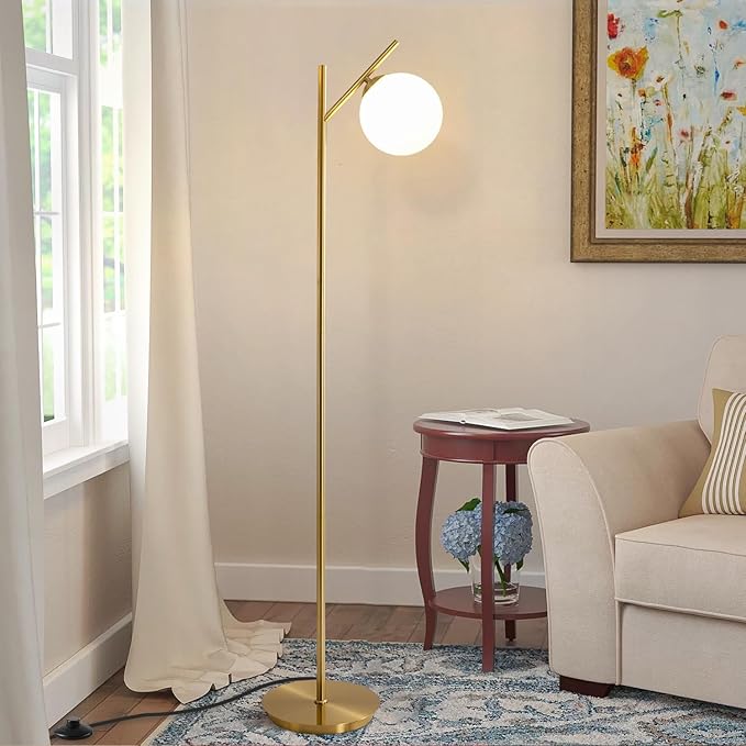 Mid Century Floor Lamp for Living Room Modern Tall Standing Lamp with Frosted Glass Globe Shades Contemporary Brass Freestanding Lamp for Office Bedroom (Gold)