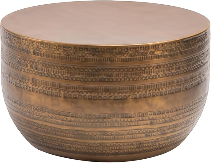Modern Round Aluminum Hammered Embossed Texturing Metal Drum Coffee Table, Hand-Stamped Iron, Boho Accent Cylinder Drum Coffee Table, Cocktail Table, for The Living Room and Bedroom, Brass