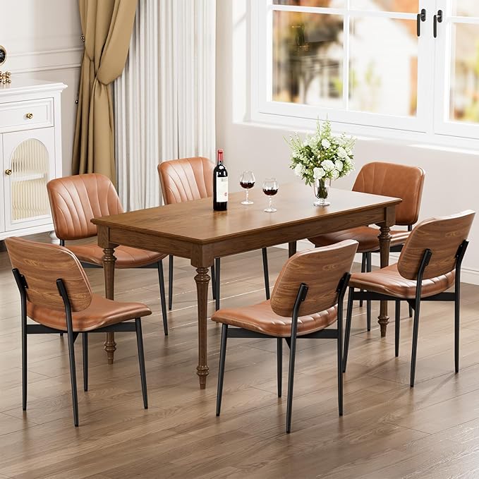 Dining Chairs Set of 8, Dining Room and Kitchen Chairs, Mid Century Modern Accent Chair, Upholstered PU Leather Chairs for Vanity with Walnut Bentwood and Metal Legs, Light Tan