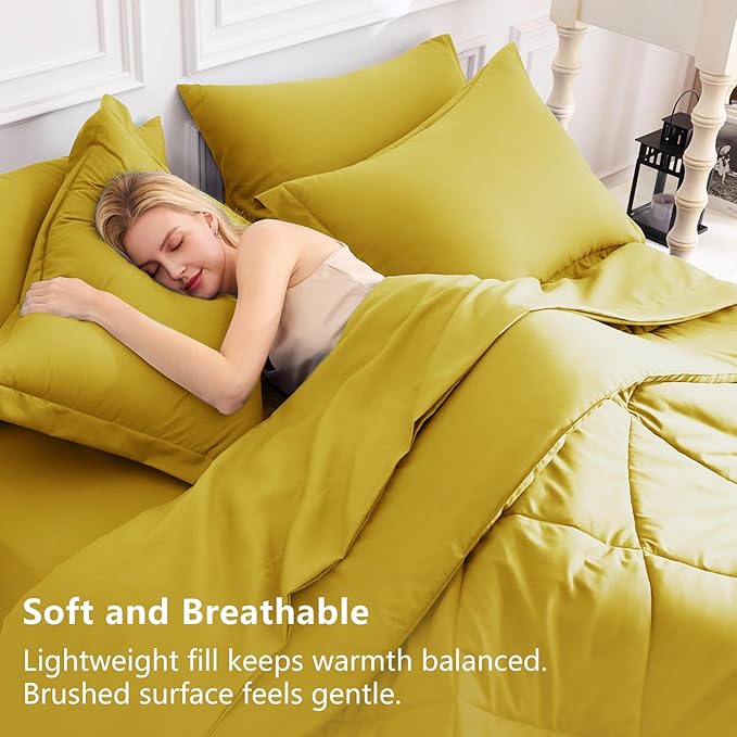 CozyLux Queen Comforter Set Mustard Yellow - Bed in a Bag Queen Size 7 Pieces, Luxury Soft Bed Set for All Seasons, Bedding Set with Down Alternative Comforter, Sheets, Pillowcases & Shams