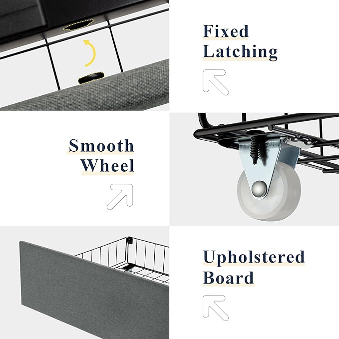 Allewie Full Size Bed Frame with 4 Storage Drawers and Wingback Headboard, Button Tufted Design, No Box Spring Needed, Light Grey