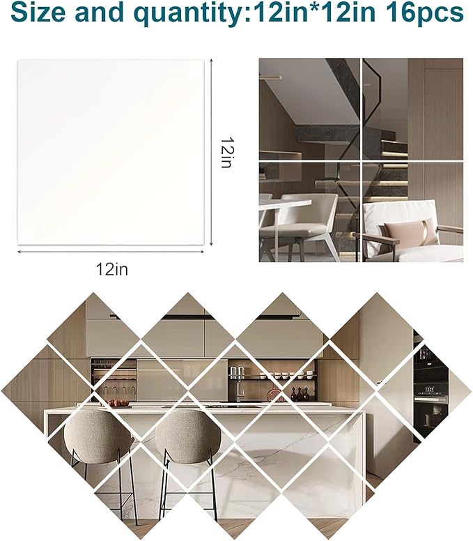16 Pack 12x12 Inch Shatterproof Acrylic Mirror Tiles, Self-Adhesive Full Body Wall Mirrors for Bedroom, Home Gym, Bathroom & Living Room, Unbreakable Flexible Mirror Sheets