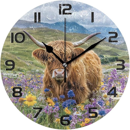 Bolaz Wildflowers Highland Cattle Wall Clocks Decorative Bedroom Silent Living Room Desktop Tabletop Shelf Clocks Round Battery Operated 10 Inch Non-Ticking