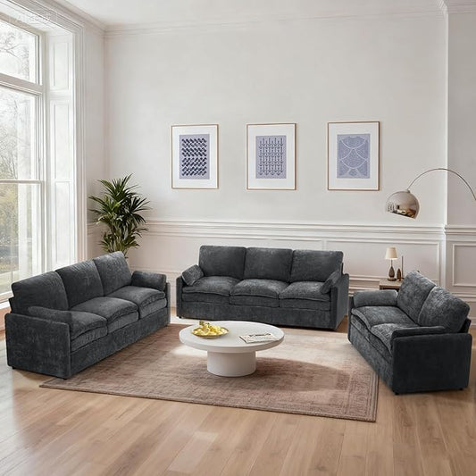 3 Pieces Chenille Sofa Set w/Arm Pillows, Upholstered Loveseat & 2 Pieces 3 Seater Sofa w/Comfortable Back Cushions, Modern 2-Seat & 3-Seat w/High-Density Foam for Living Room, Grey