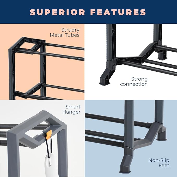 happhom 3-Tier Expandable Shoe Organizer, Space Saver Shelf with Smart Design, Small Shoe Rack for Entryway, Cabinet and Small Spaces, Dark Grey (CSR-02)