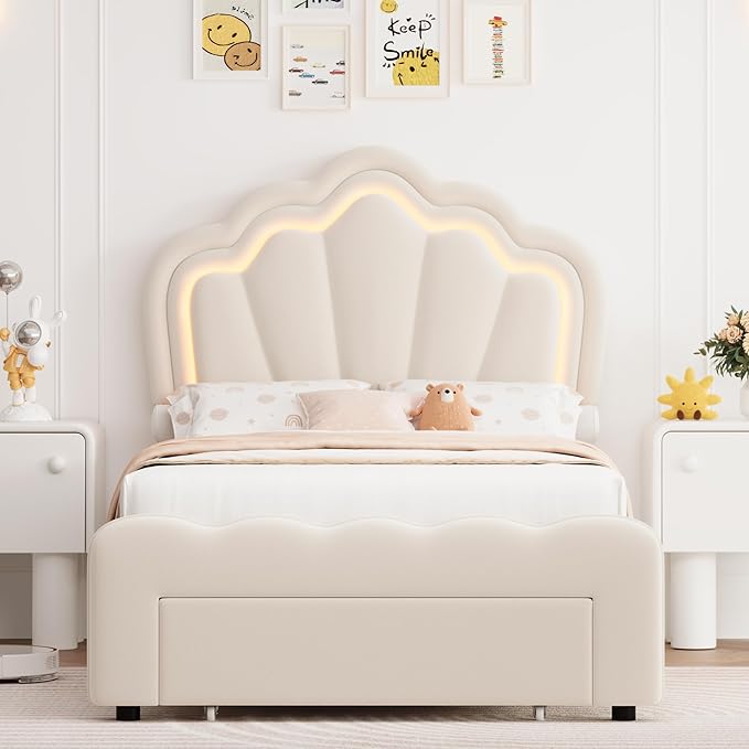 HOSTACK Twin Upholstered LED Bed Frame with Storage Drawer, Cute Girls Bed with Adjustable Lotus Headboard, Velvet Princess Platform Bed Frame, Wooden Slats Support, No Box Spring Needed, Cream