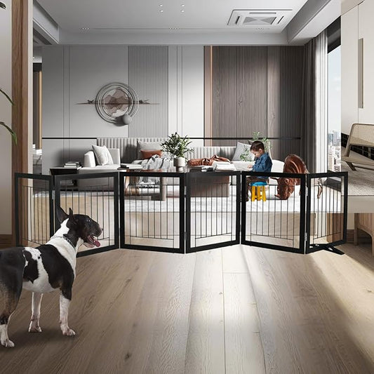 ZJSF Freestanding Dog Gate Indoor, Foldable Dog Fence for Doorways,Hallways or Stairs, Sturdy Wood Extra Wide Pet Gate with Support Feet,Black,24 "Height-6 Panels