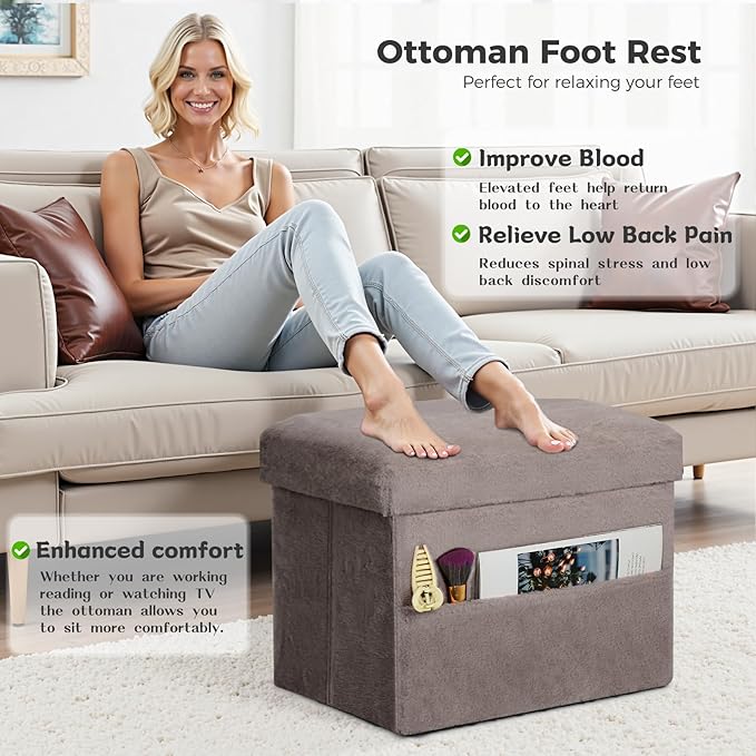 Ottoman with Storage, Folding Soft Fur Ottoman Foot Rest Stool with Thicker Furry Padded Seat. Small Storage Bench for Bedroom Living Room, Holds Up to 300 lbs, 17x13x13IN (Gray)
