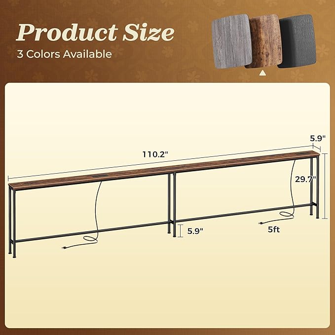 SUPERJARE 110.2 Inch Sofa Table with 2 Power Outlets and USB-C Port, 5.9 Inch Narrow Console Table with Storage, Extra-Long, for Entryway Hallway Couch Behind Sofa, Small Spaces, Rustic Brown