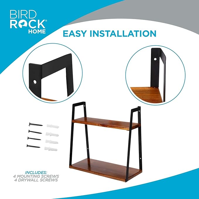 BIRDROCK HOME 2-Tiered Wall Shelf - Wood Metal Floating Wall Shelves - Home Decor - Decorative Hanging Shelves - Rustic Farmhouse - Bathroom Bedroom Living Room