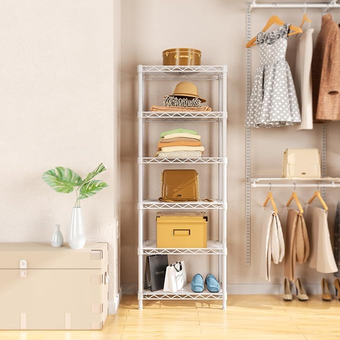 Small 6 tire Shelves Storage Wire Shelving Unit Metal Shelf Adjustable Organizers Storage Shelving for Bathroom Laundry Room Kitchen Pantry10”D x 16”W x 60”H White