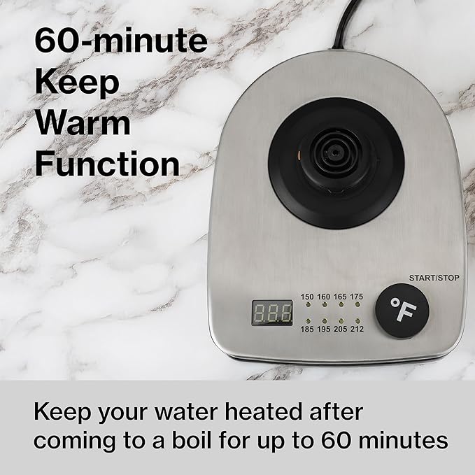 1.0L 1500W Gooseneck Electric Kettle - Stainless Steel Interior - Rapid-Boil - Auto Shut-Off, Boil-Dry Protection, Temperature Control, LED Indicator - Silver by The Display Guys