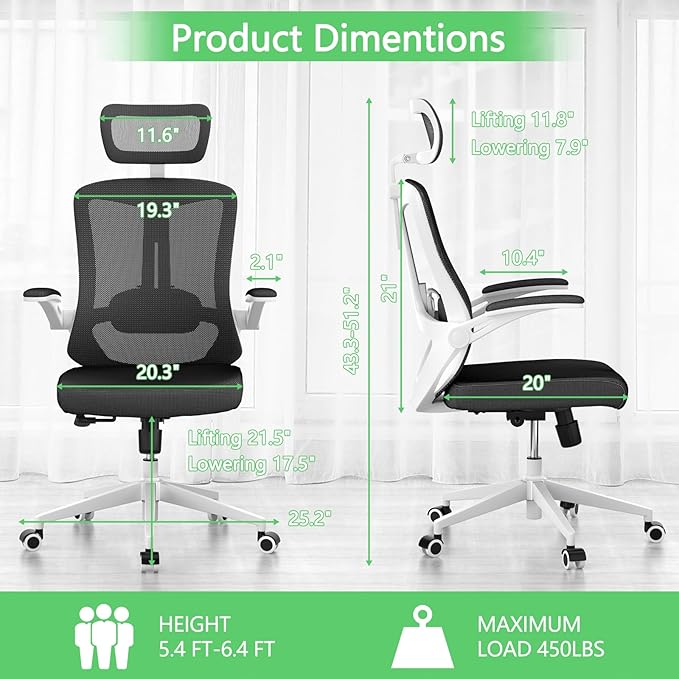 Office Chair,Ergonomic Comfy Home Desk Chair with 350LBS Capacity,High Back Gaming Chair with Wheels,Mesh Computer Chair,Lumbar Support, Adjustable Headrest,Flip-up Armrest (B-Black + White)