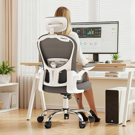 Ergonomic Gaming Chair with Adjustable Lumbar Support and Headrest, High Back Computer Chair for Office and Home Desk, 90-120° Reclining Swivel Task Chair with Flip-Up Arms(White-Grey)