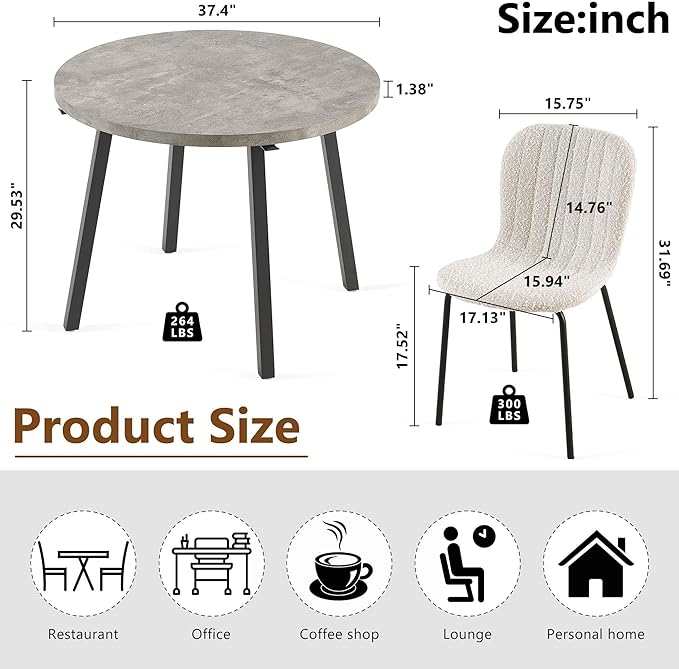 5-Piece Round Table Set for 4, 37.4" Grey Round Table with Hooks, Solid MDF Tabletop, Industrial Kitchen Table with Beige Boucle Dining Chairs for Restaurant, Dining Room