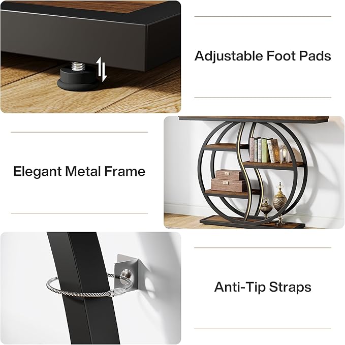 Tribesigns 47.24" Entryway Table, Industrial 5-Tier Console Sofa Table with Multiple Storage Shelves, Narrow Wood Accent Long Tables with Metal Frame for Small Spaces, Hallway, Foyer, Rustic Brown