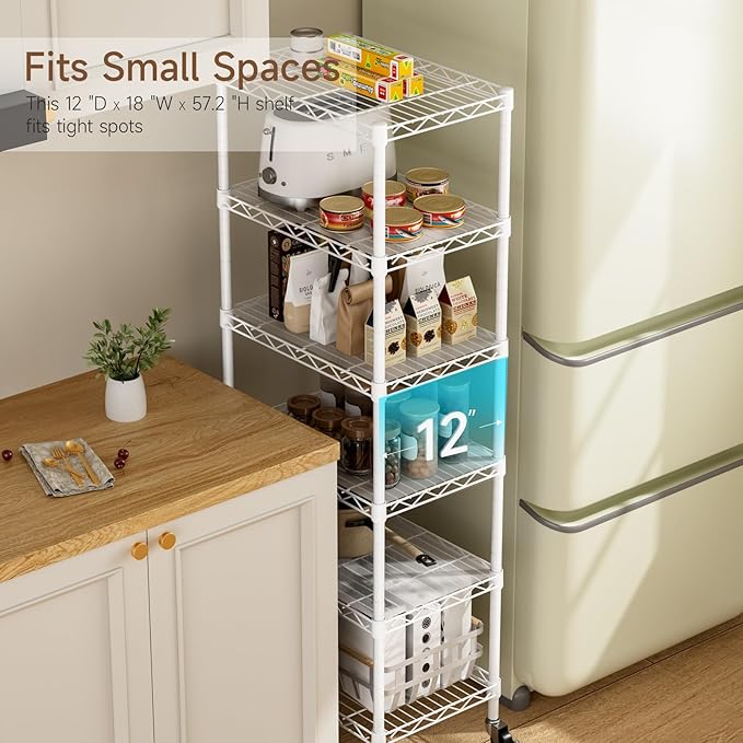 Small 6 Tier Shelf Storage Wire Shelving Unit Metal Shelves Adjustable Organizers Storage Shelving with Wheels for Bathroom Laundry Room Kitchen Pantry12”D x 18”W x 61.6”H White