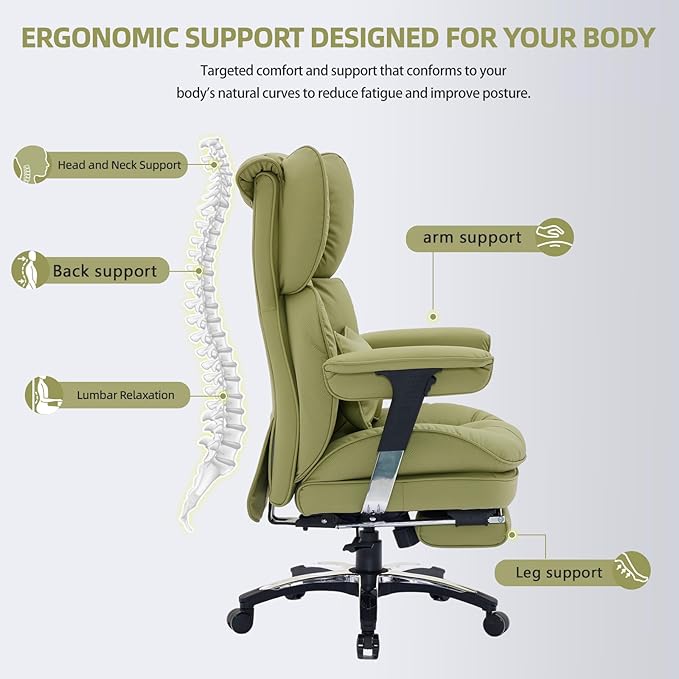 Efomao Big and Tall Office Chair with Footrest – High Back Computer Chair with Adjustable Armrests，Executive Office Chair with Wide Seat, Modern Desk Chair for Home Office, Gaming, or Study, Green