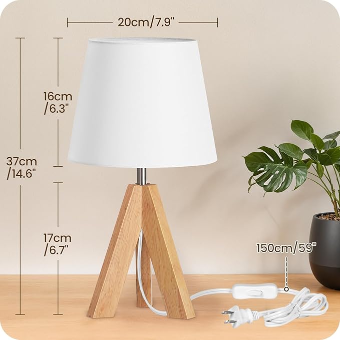 Small Tripod Table Lamp, Modern Nightstand Lamp with Fabric Shade, Boho Bedside Wood Desk Light for Bedroom, Kids Room, Living Room, Office, Study, White, W51TL05