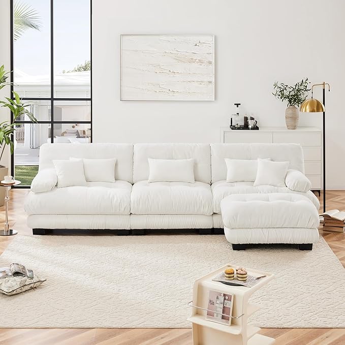 133.8" Oversized L-Shape Modern Chenille Couch, 3 Seater + 1 Ottoman, Upgraded-White