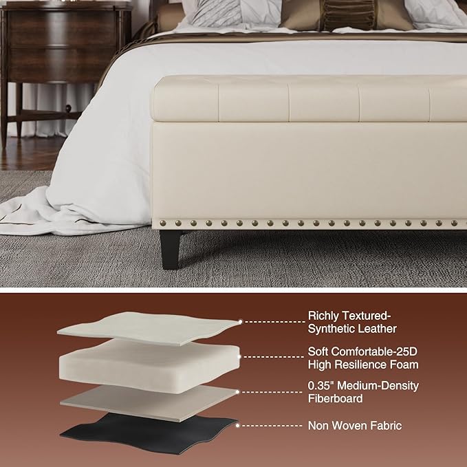 Storage Ottoman Bench,51-Inch Large Storage Bench for Bedroom End of Bed, 30 Gallons Faux Leather Ottoman with Storage for Bedroom, Living Room, Entryway, Cream White