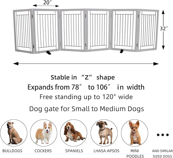 ZJSF Freestanding Dog Gate Indoor, Foldable Dog Fence for Doorways,Hallways or Stairs, Sturdy Wood Extra Wide Pet Gate with Support Feet,Grey,32 "Height-6 Panels