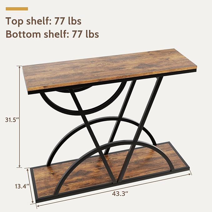 43" Console Table, Industrial Entryway Table with Storage Shelf, Narrow Wood Sofa Table with Metal Frame for Living Room, Hallway, Foyer, Entrance