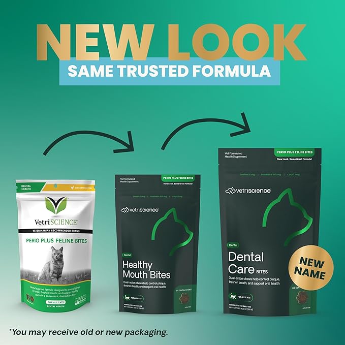 VetriScience Perio Plus Cat Teeth Cleaning Bites - Advanced Cat Breath Freshener - Dual Action Cat Dental Care Formula for Plaque Control & Fresh Breath, 60 Chews, Chicken Flavor