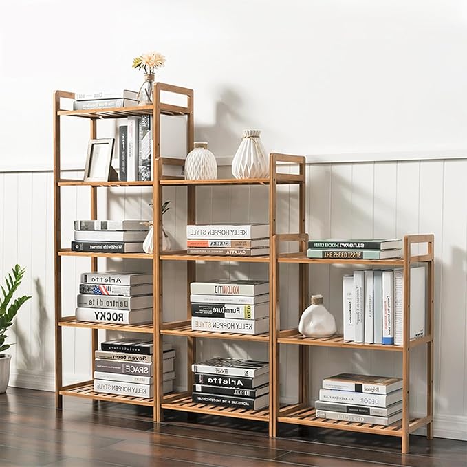 Bamboo Shelf, 4-Tier Bookcase Storage Shelves, Small Book Rack Shelving Unit, Multipurpose Storage Display Shelf for Bathroom Kitchen Living Room Office (3-Tier Grey-20.08in)