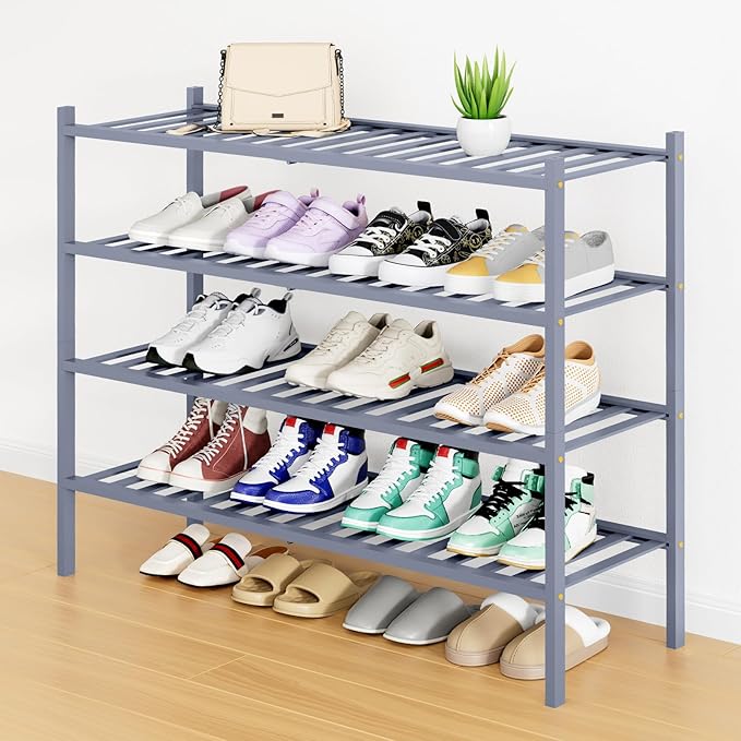 Smiry Shoe Rack, 4 Tier Long Bamboo Shoe Organizer, Stackable Free Standing Wooden Shoe Storage Shelf for Closet, Entryway, Front Door Entrance, Grey