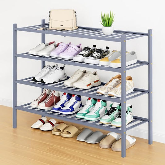 Smiry Shoe Rack, 4 Tier Long Bamboo Shoe Organizer, Stackable Free Standing Wooden Shoe Storage Shelf for Closet, Entryway, Front Door Entrance, Grey