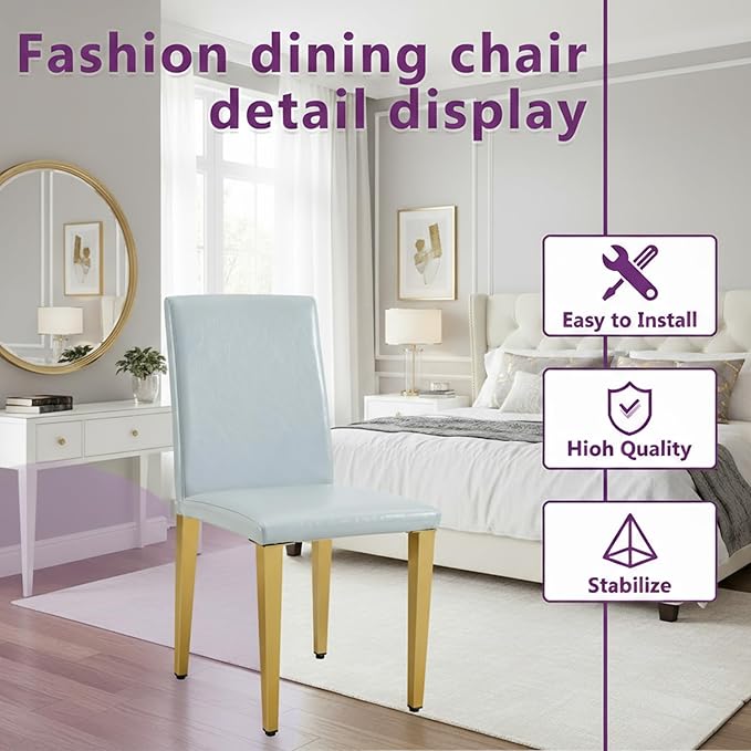 Modern Dining Chairs Set of 2, Light Gray PU Leather with Gold Metal Legs, High Back Kitchen Chairs, 35.4 Inch Height, Contemporary Minimalist Design