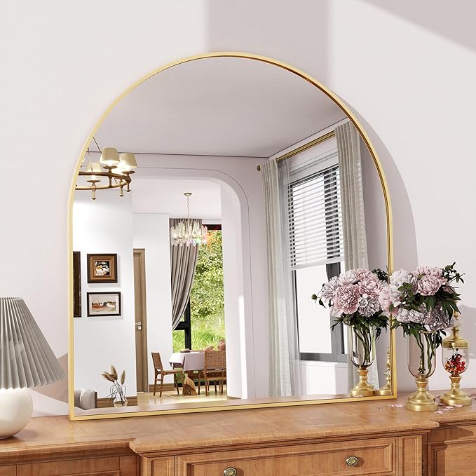 Arched Bathroom Mirror 32" x 34" for Bathroom Vanity Mirror or Wall Decor Gold Arch Mirror Aluminum Alloy Frame Wall Mounted Mirror for Living Room Bedroom Entryway