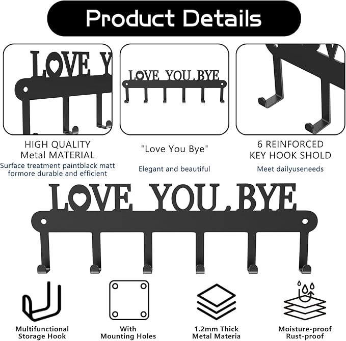 Key Holder for Wall - 'Love You Bye' Key Hooks,Key Holder Wall Mount Self Adhesive, Key Rack Wall Mount for Wall No Drill for Living Room, Kitchen, Bathroom, Garage (Black, 6 Hooks)