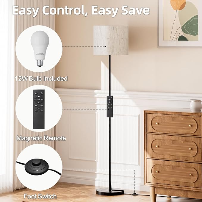 Keepsmile Dimmable Floor Lamps for LivingRoom with 12W LED Bulb, Foot Switch, Remote Custom Color Temperature Floor Light, Linen Shade Standing Lamps, Modern Tall Lamp for Office Bedroom Kid Room