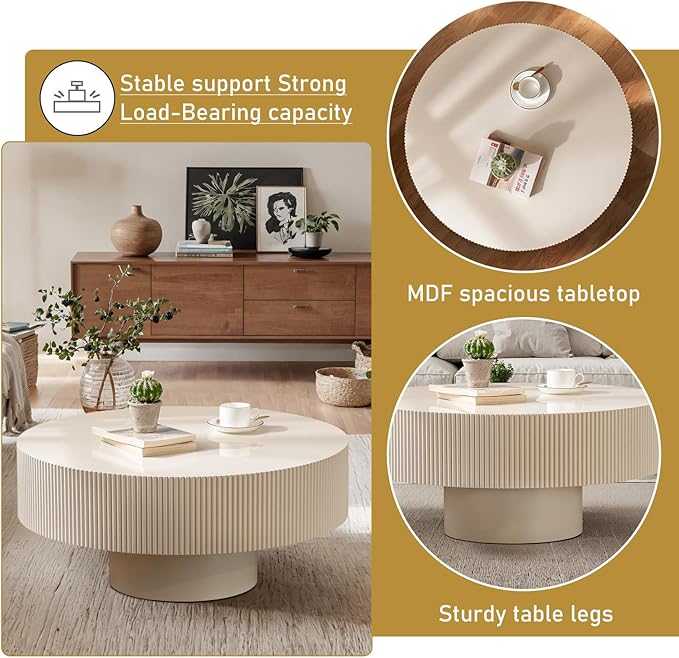 Round Drum Coffee Table 30.91" Handcrafted Fluted Drum Coffee Table Mid Century Accent Tables Modern Luxury Circle Center Table Vintage Farmhouse Center Table for Living Room (White Thick)