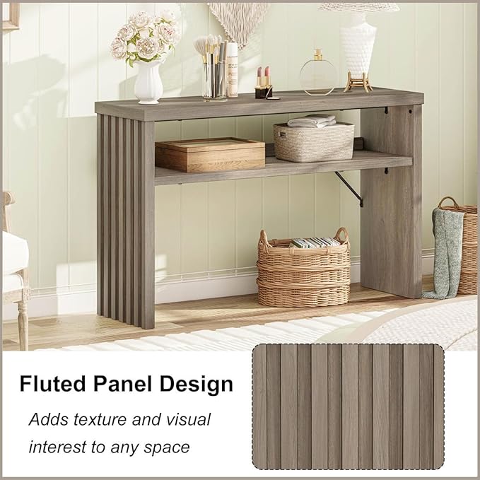 BON AUGURE Sofa Console Table, Wood Entryway Table, Grey Behind Couch Tables with Open Storage, Modern Narrow Hallway Tables (Greige Oak, 47 Inches)