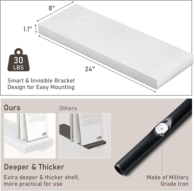 Floating Shelves for Wall, 24 Inch Floating Shelves Set of 2, Wall Mounted Rustic Wood Shelf for Bathroom, Living Room, Bedroom and Kitchen, Hanging Shelf for Storage, Books, Home Decor, White